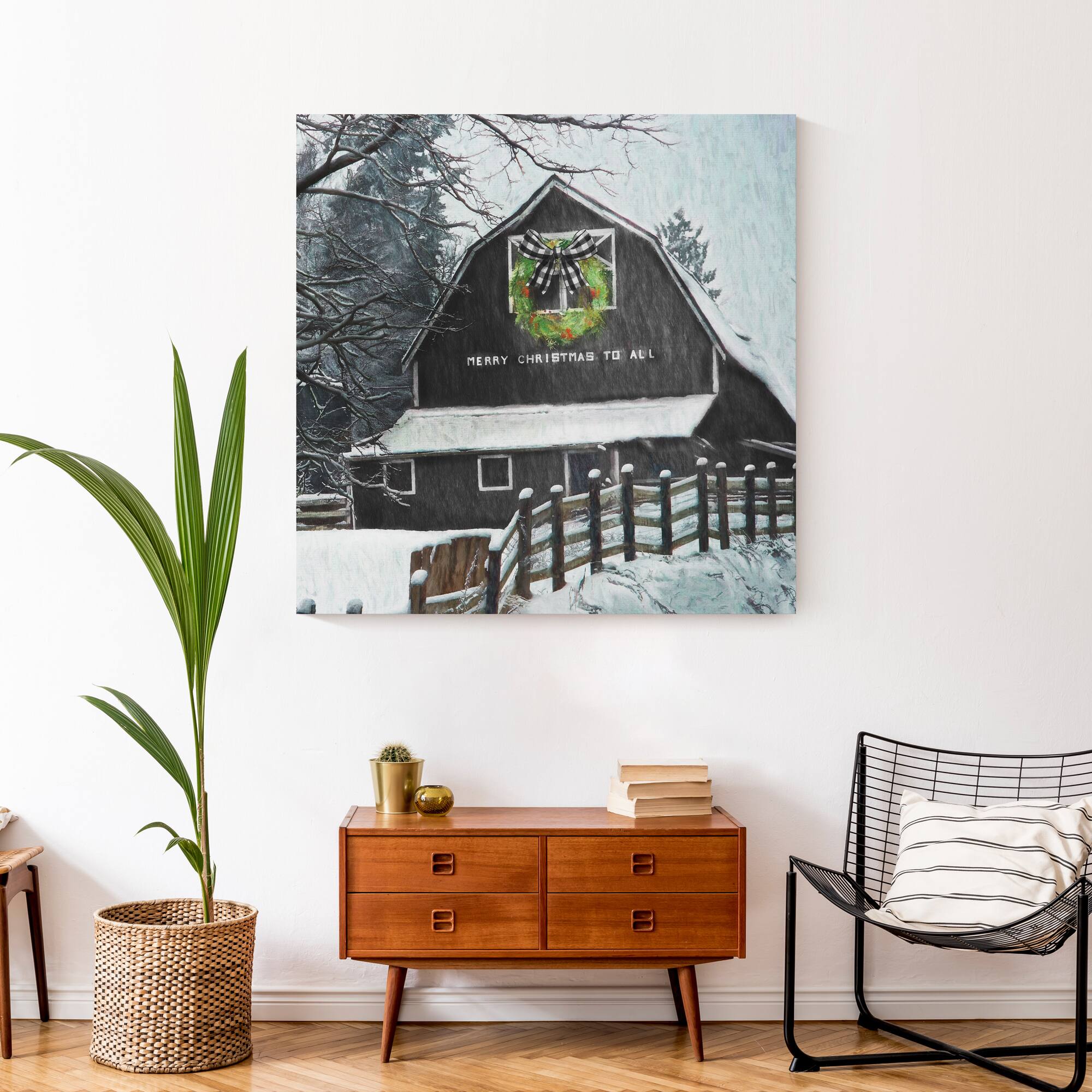 Black Barn with Wreath 36x36 Canvas Wall Art